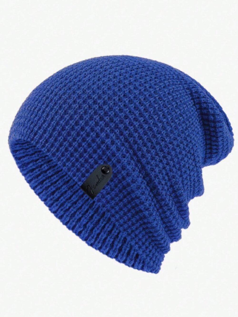 Slouchy Knit Beanie Hat with Graphic Patch - Blue